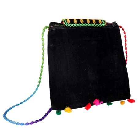 Jaipuri Handmade Black Embroidered Sling Bag - Cotton Crossbody Bag with Peacock Feather Motif & Tassels